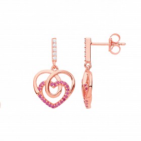 Rose Gold Plated CZ & Ruby Fancy Heart Drop Earrings