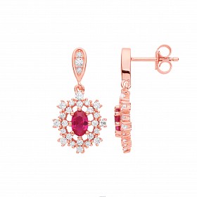 Rose Gold Plated CZ & Ruby Cluster Drop Earrings
