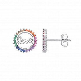 Silver Multicolour CZ 'Love' Fancy Stud Earrings