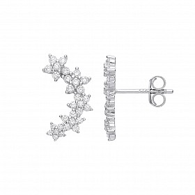 Silver CZ Flower Cuff Stud Earrings