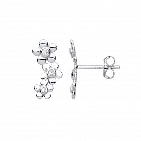 Silver CZ Flower Cuff Stud Earrings