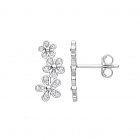 Silver CZ Flower Cuff Stud Earrings