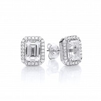 Silver CZ Emerald Cut Stud Earrings