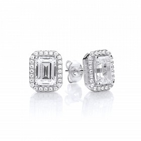 Silver CZ Emerald Cut Stud Earrings
