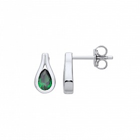 Silver Emerald Tear Drop Stud Earrings