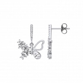 Silver CZ Butterfly Drop Earrings