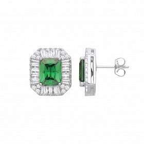 Silver CZ & Emerald Round & Baguette Stud Earrings