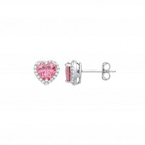Silver CZ & Mid Rouge CZ Heart Stud Earrings