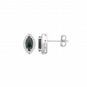 Silver Dark Green CZ Marquise Cut Stud Earrings