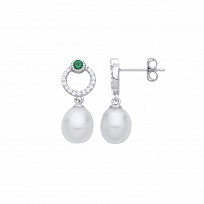 Silver Green Nano CZ & Rice Shape Freshwater Pearl Earrings