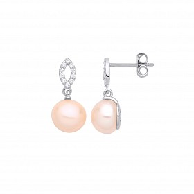 Silver Peach Button Shape Freshwater Pearl & CZ Drop Earrings