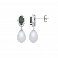 Silver Emerald CZ & White Rice Shape Freshwater Pearl Drop Earrings