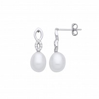Silver CZ & White Rice Shape Fresh Water Pearl Drop Earrings