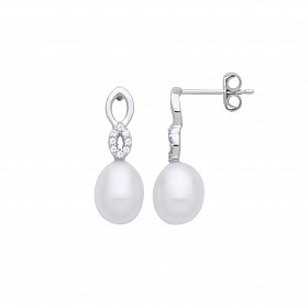 Silver CZ & White Rice Shape Fresh Water Pearl Drop Earrings