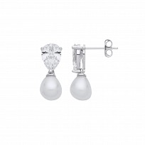 Silver CZ & White Rice Shape Fresh Water Pearl Drop Earrings