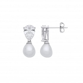 Silver CZ & White Rice Shape Fresh Water Pearl Drop Earrings