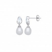 Silver CZ & White Rice Shape Fresh Water Pearl Drop Earrings
