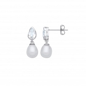 Silver CZ & White Rice Shape Fresh Water Pearl Drop Earrings