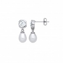 Silver CZ & White Rice Shape Fresh Water Pearl Drop Earrings