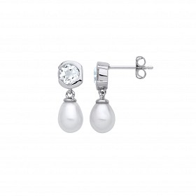 Silver CZ & White Rice Shape Fresh Water Pearl Drop Earrings