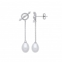 Silver CZ & White Rice Shape Fresh Water Pearl Chain Drop Earrings