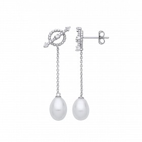 Silver CZ & White Rice Shape Fresh Water Pearl Chain Drop Earrings