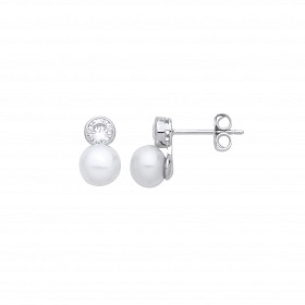 Silver CZ White Button Shape Fresh Water Pearl Drop Earrings