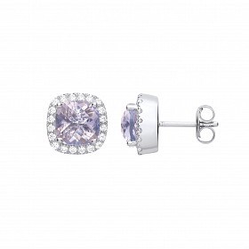 Silver CZ & Aquamarine Cushion Cut Fancy Stud Earrings