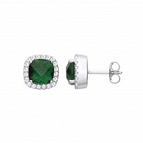 Silver CZ & Emerald Cushion Cut Fancy Stud Earrings