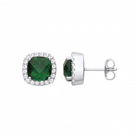 Silver CZ & Emerald Cushion Cut Fancy Stud Earrings