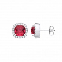 Silver CZ & Ruby Cushion Cut Fancy Stud Earrings