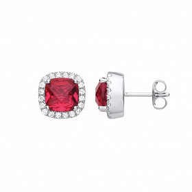 Silver CZ & Ruby Cushion Cut Fancy Stud Earrings