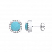 Silver CZ & Turquoise Cushion Cut Fancy Stud Earrings
