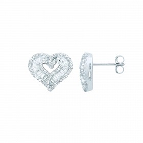 Silver CZ Round & Baguette Heart Stud Earrings