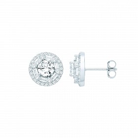 Silver CZ Fancy Round & Baguette Stud Earrings