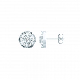 Silver CZ Fancy Round & Baguette Stud Earrings