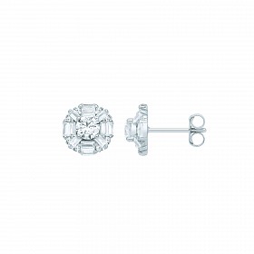 Silver CZ Fancy Round & Baguette Stud Earrings