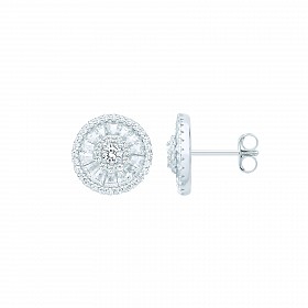 Silver CZ Fancy Round & Baguette Stud Earrings