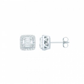 Silver CZ Fancy Square Baguette Stud Earrings