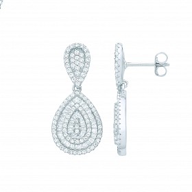 Silver CZ Round & Baguette Teardrop Earrings
