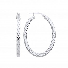 Silver Oval Flat Twisted Hoop Earrings