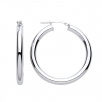 Silver Platinum Plate 30mm Tube Round Hoop Earrings