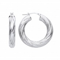 Silver Platinum Plate Twist Patterned Hoop Earrings