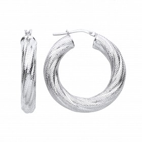 Silver Platinum Plate Twist Patterned Hoop Earrings
