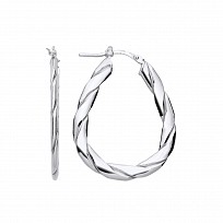 Silver Platinum Plate Flat Twist Oval Hoop Earrings