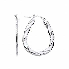 Silver Platinum Plate Flat Twist Oval Hoop Earrings