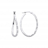 Silver Diamond Cut Swirl Twist Oval Hoop Earrings