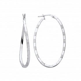 Silver Diamond Cut Swirl Twist Oval Hoop Earrings