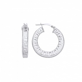 Platinum Plate 15mm Greek Key Flat Hoop Earrings