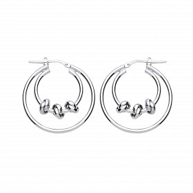 Silver Double Hoop Earrings With Trio Circle Link Feature